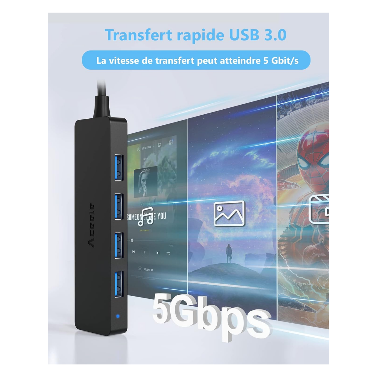 Aceele HUB USB 3.0 5 Ports Noir