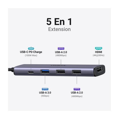 UGREEN Revodok 105 Hub USB C HDMI 4K PD 100W Charge Multi Data Ports 5Gbps 5 en 1 Adaptateur USB C vers HDMI
