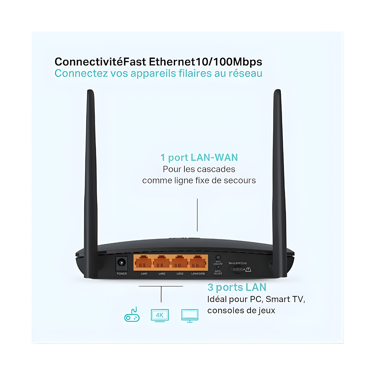 TP-Link Routeur 4G LTE 150Mbps WiFi N 300Mbps – TL-MR6400 Noir